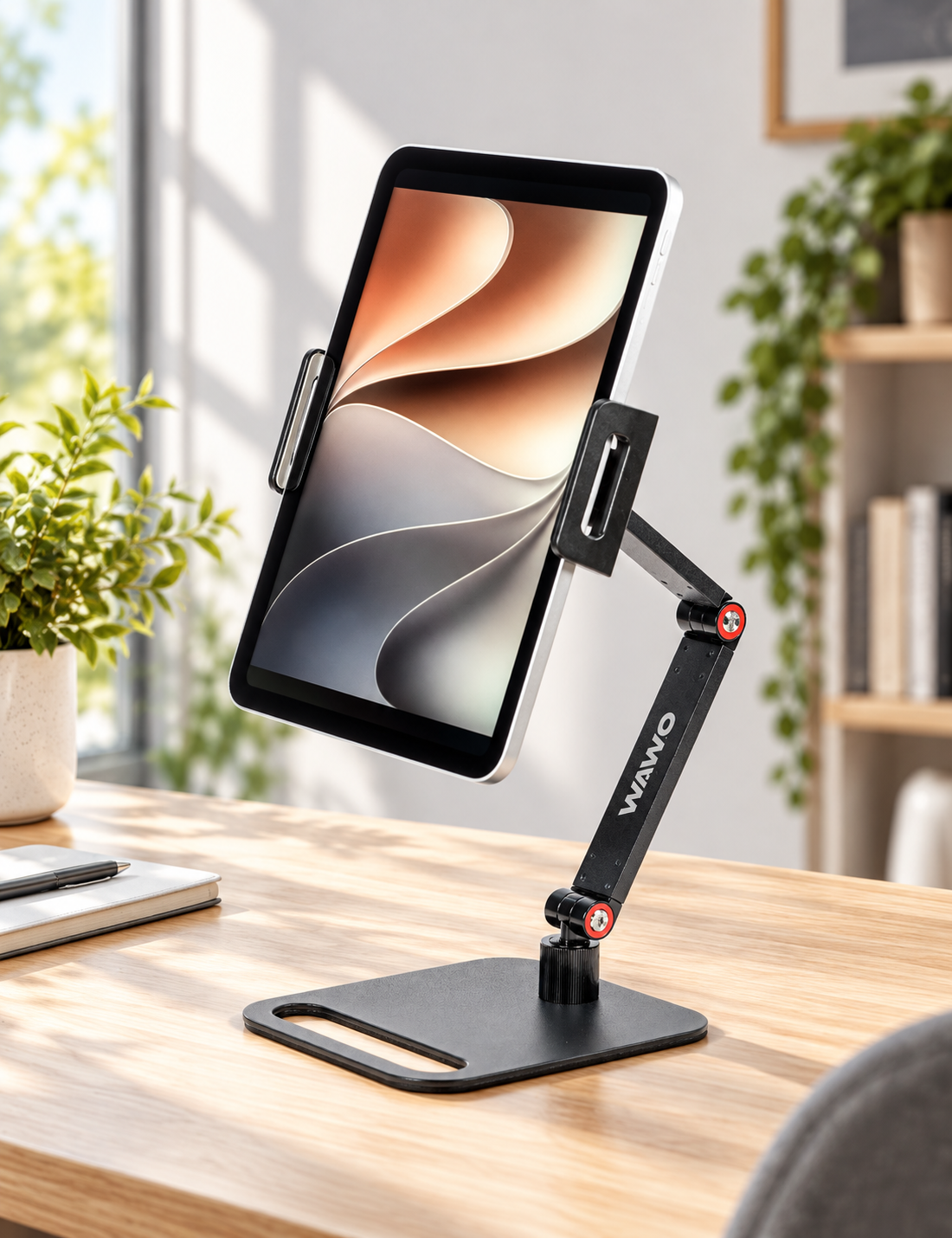 Suporte WAWO FlexDesk 360 com tablet sobre uma mesa de escritório